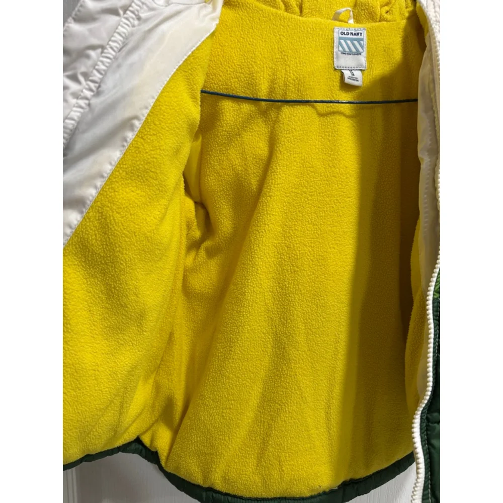 Kids Old Navy Hooded Color Block Puffer Jacket with Yellow Fleece Lining, 3T